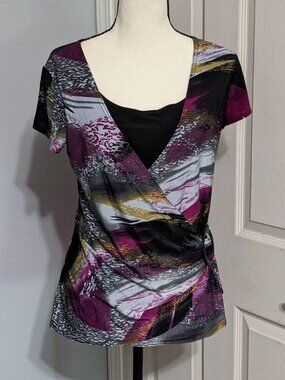 Jason Maxwell Y2K Vintage Floral Faux Wrap Buckle Top Short Sleeve Purple L